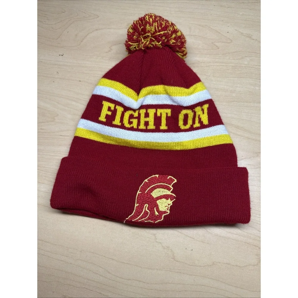 USC Trojans Fight On Knit Beanie Pom Hat Red White Yellow